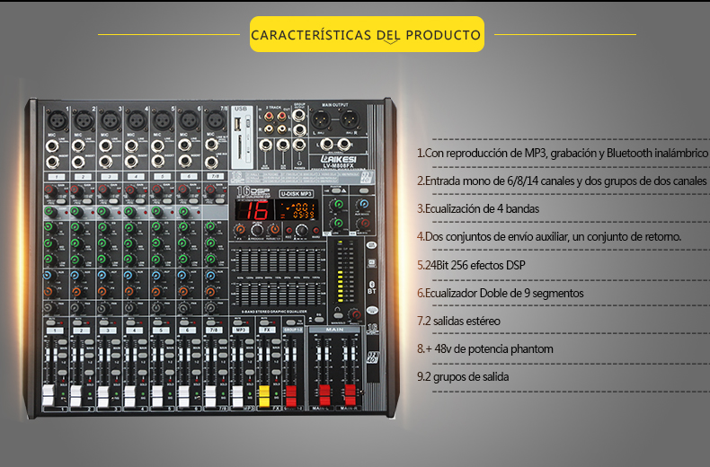 8 channels Consola de Audio professional 16DSP usb mixer