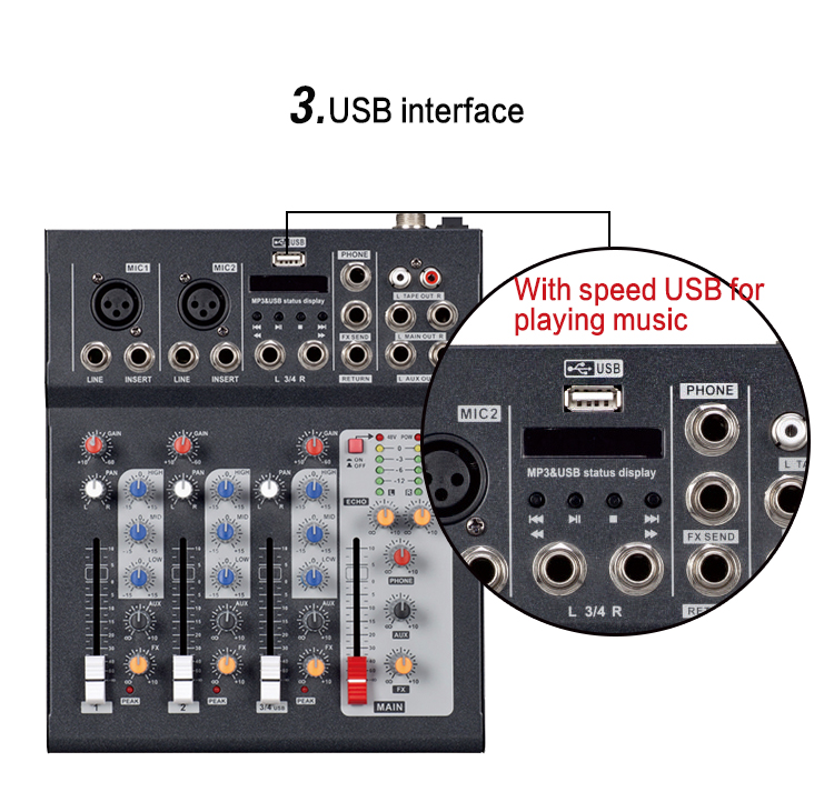 Mini Audio Mixer with USB/factory supply mixing console professional