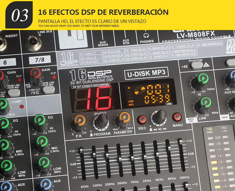 8 channels Consola de Audio professional 16DSP usb mixer